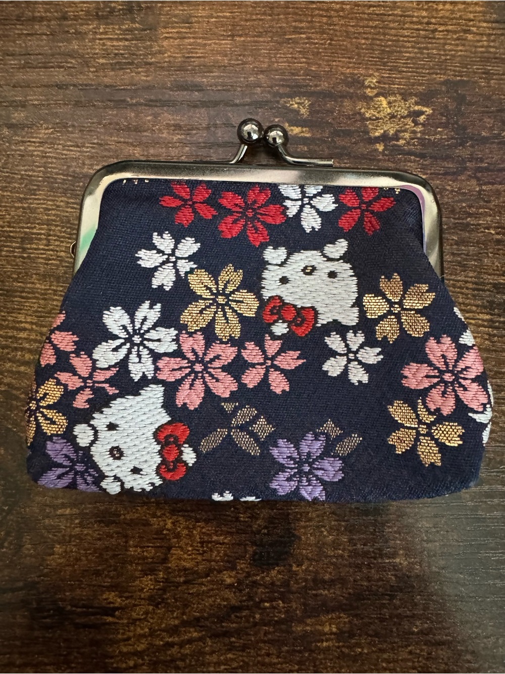 Hello Kitty Navy Sanrio Floral Kiss-Lock Coin Purse with Red Accents
